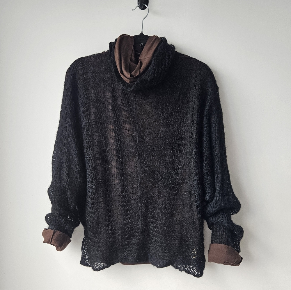 DIESEL Black Mohair Open Weave Over Brown Turtleneck Double Layer Sweater